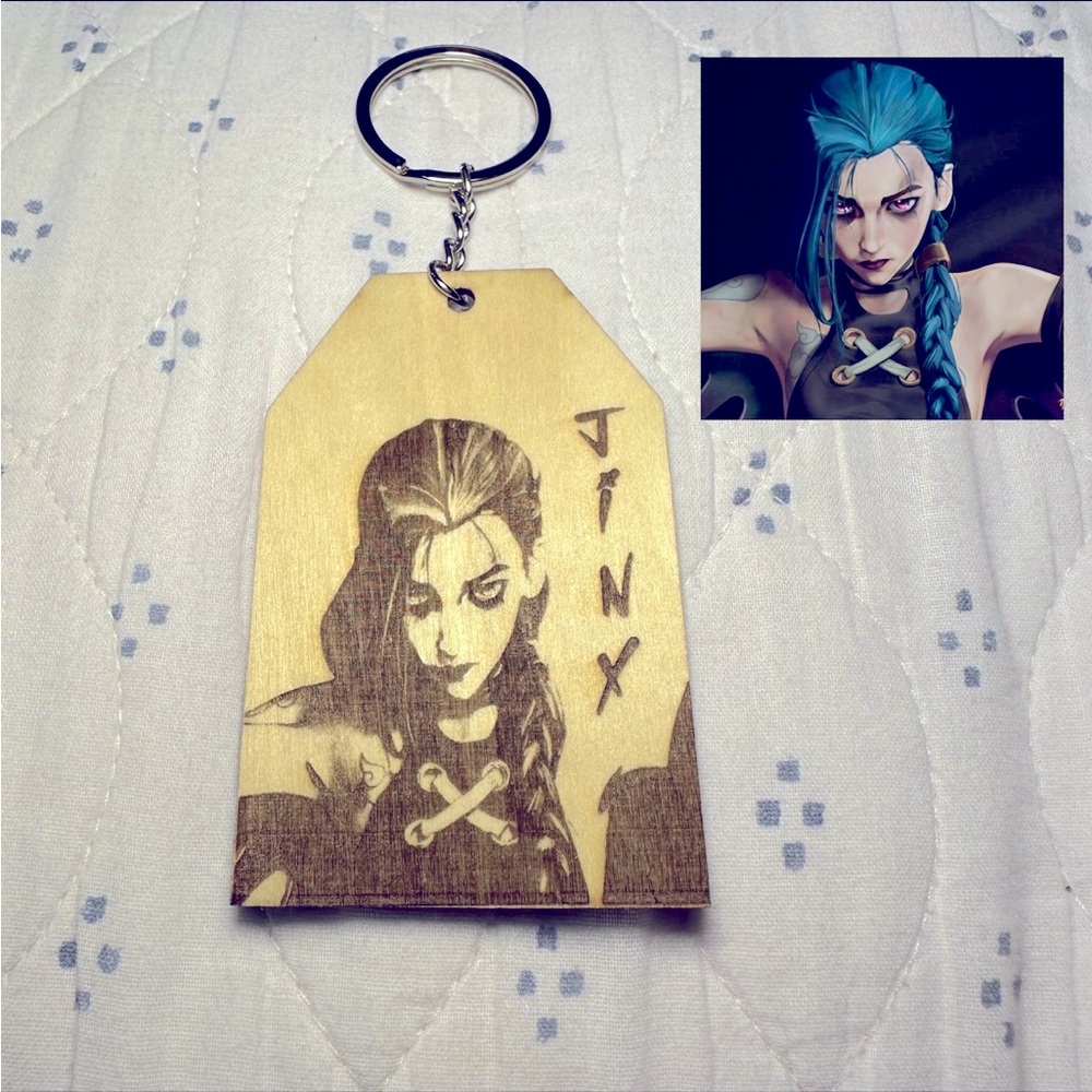 Arcane Inspired Jinx Laser Engraved Wood Keychain Purse Phone Bag Charm